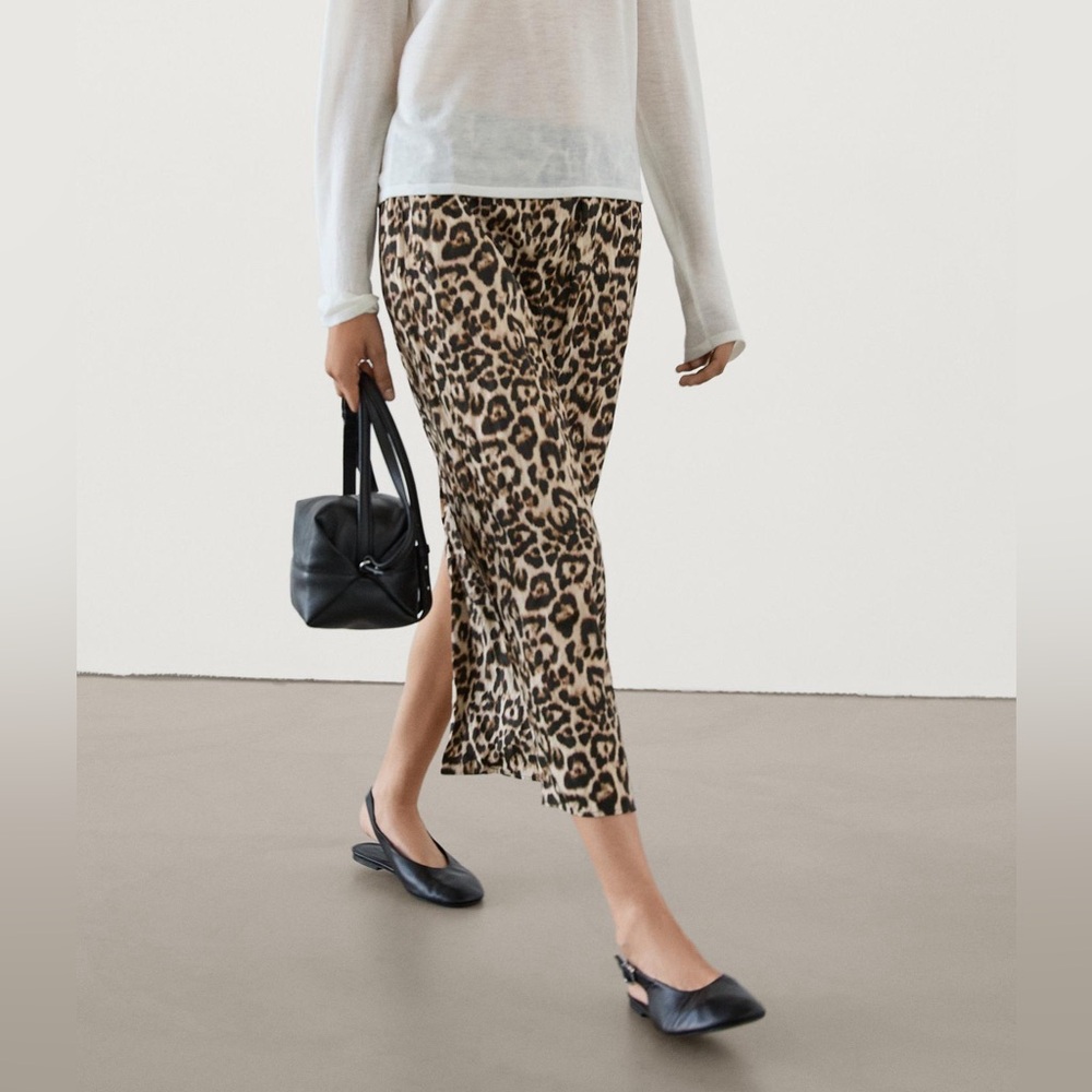 NWT Massimo Dutti Animal Print Satin Finish Midi Skirt Leopard Brown Size Small